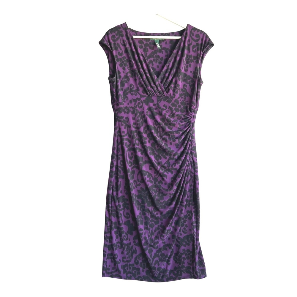 Lauren Ralph Lauren Purple Black Abstract Print Ruched Sheath Dress Size 8